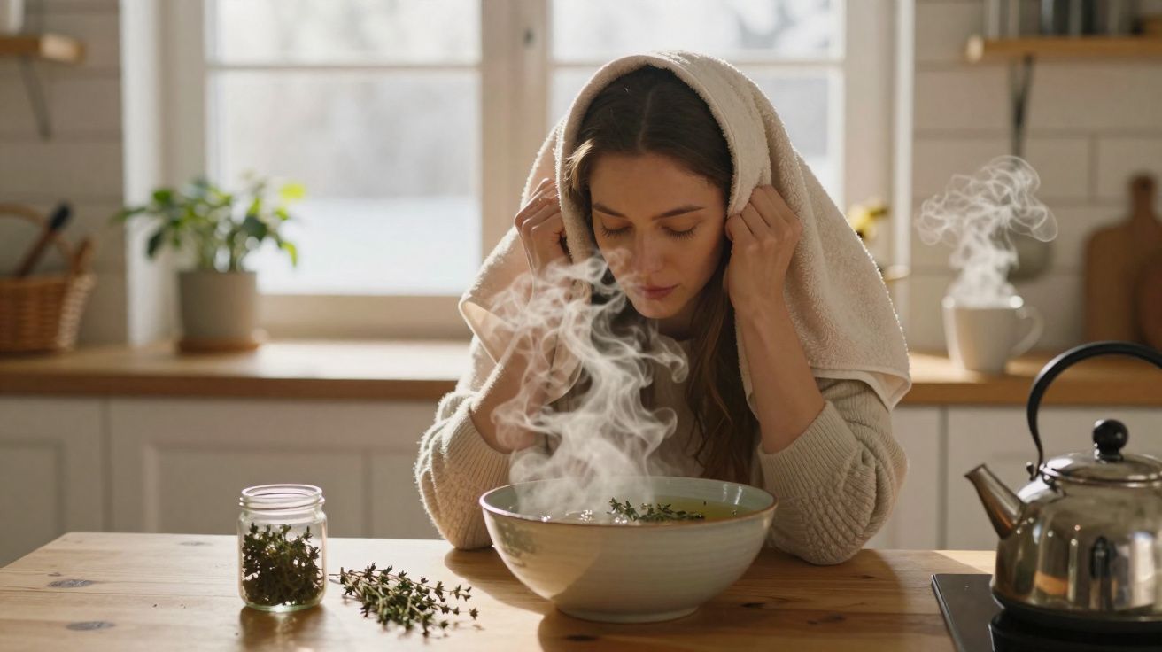 Mulher com toalha na cabeça inalando vapor de ervas em tigela fumegante em cozinha iluminada.