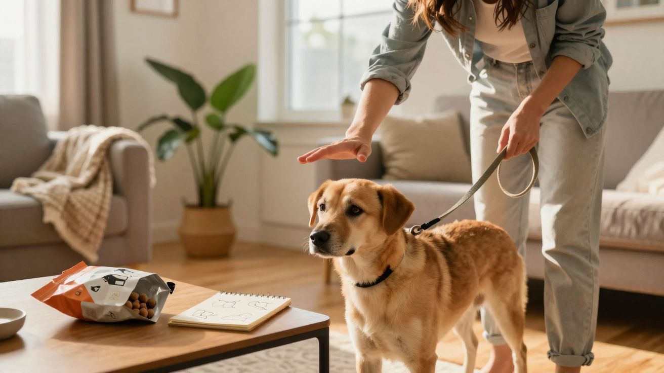 Pessoa treinando um cachorro marrom claro com coleira na sala de estar iluminada.