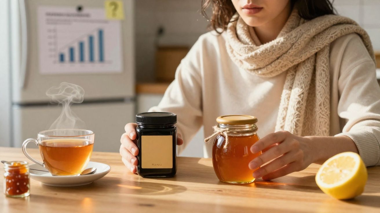 Pessoa segurando potes de mel ao lado de xícara de chá quente e metade de limão sobre mesa de madeira.