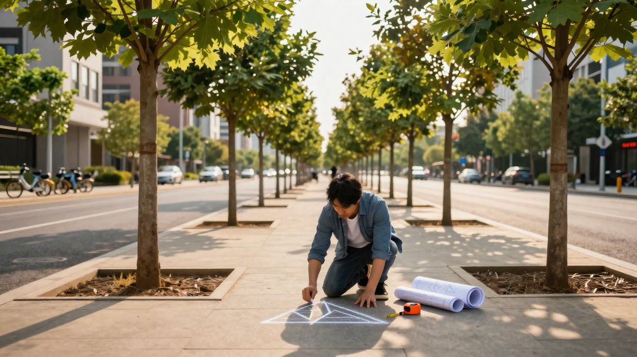 Homem desenha formas geométricas com giz em calçada de cidade arborizada ensolarada.
