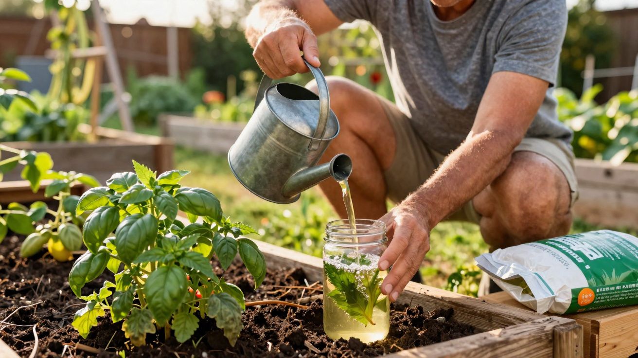 Homem regando plantas com regador metálico em canteiro de jardim com vaso de vidro.