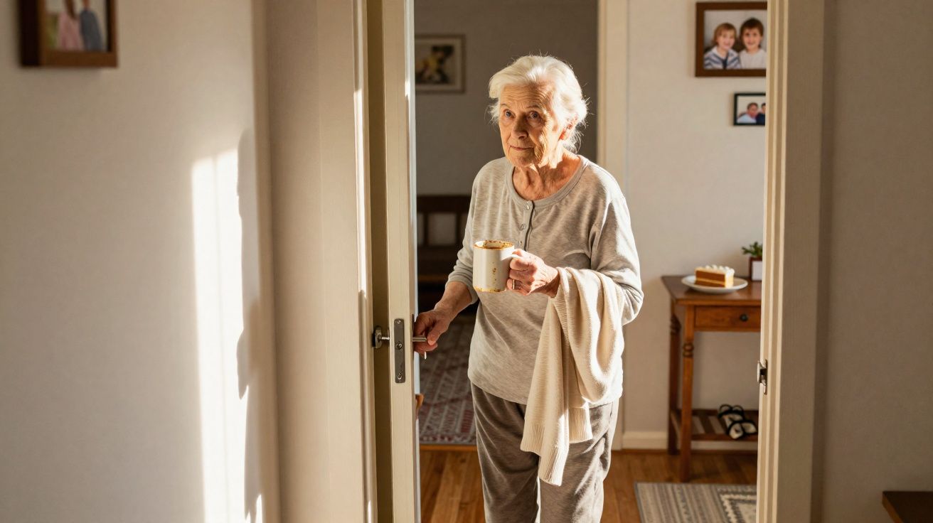 Idosa vestindo pijama segurando caneca e toalha, entrando em quarto iluminado pelo sol.