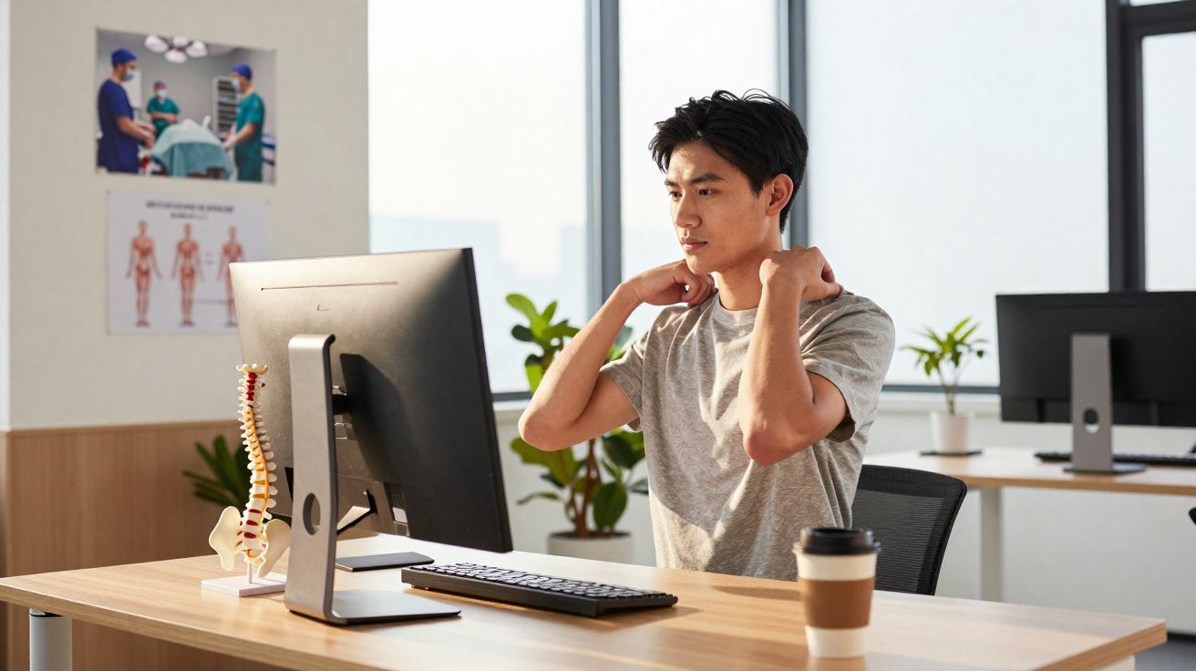 Homem sentado em escritório fazendo alongamento no pescoço durante trabalho no computador.