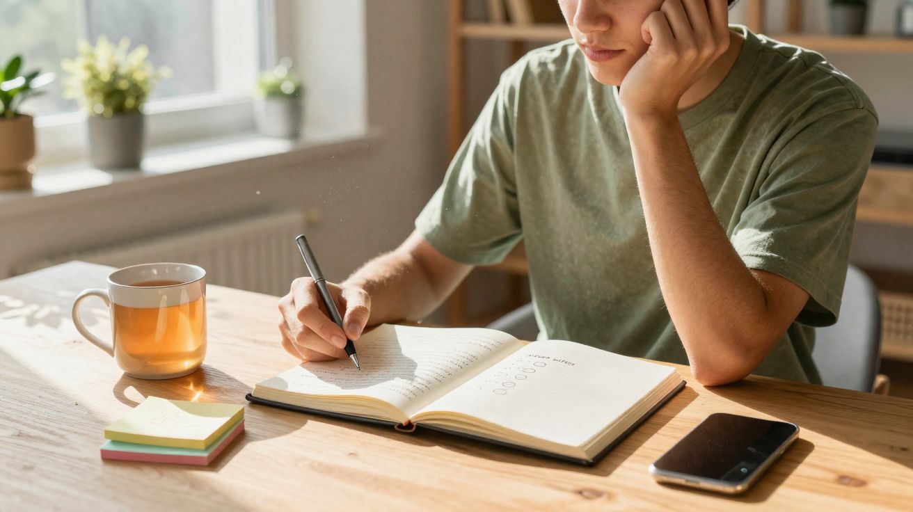 Pessoa escrevendo em caderno aberto em mesa com xícara de chá, celular e blocos de notas coloridos.