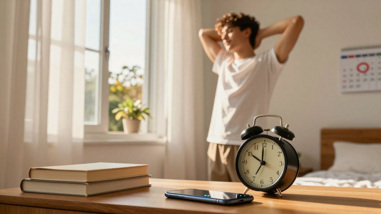 Relógio despertador, celular e livros sobre mesa com pessoa se espreguiçando ao fundo em quarto iluminado.