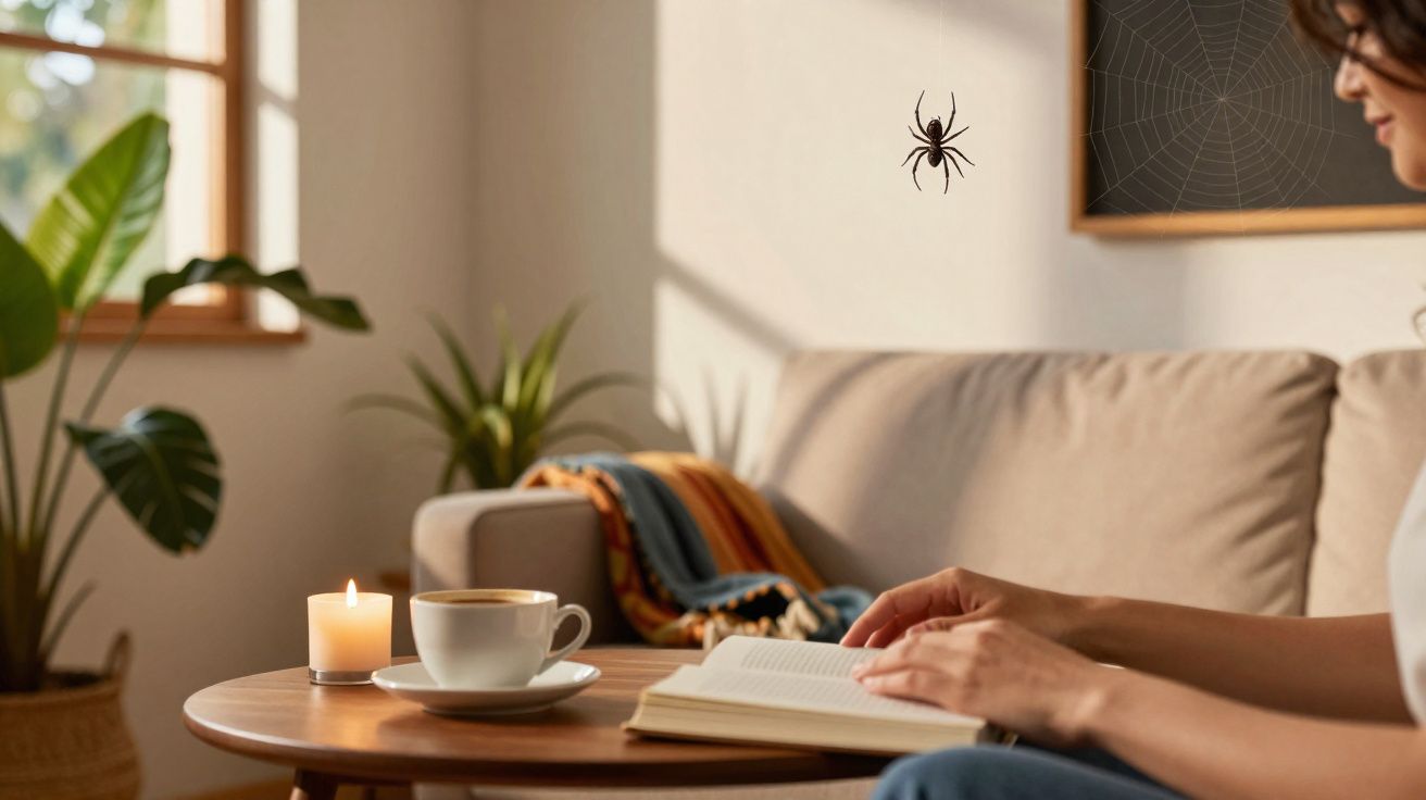 Aranha pendurada por teia perto de mulher lendo em sala com vela, café, plantas e sofá.