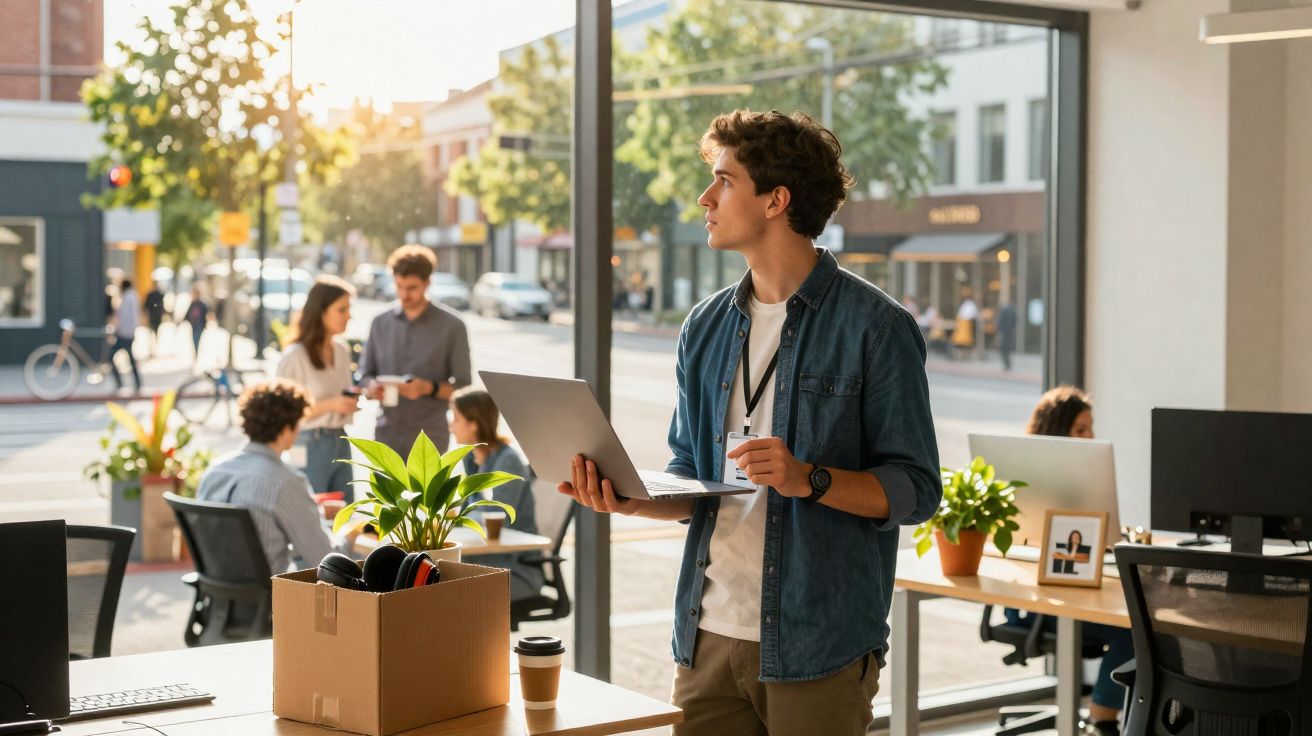 Jovem com laptop em escritório moderno com colegas conversando e luz natural entrando pelas janelas.