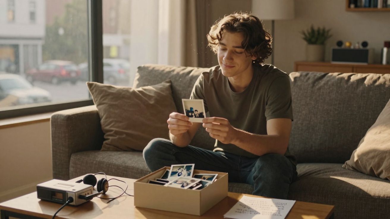 Jovem sentado no sofá olhando fotos antigas e sorrindo em uma sala iluminada pela luz natural.