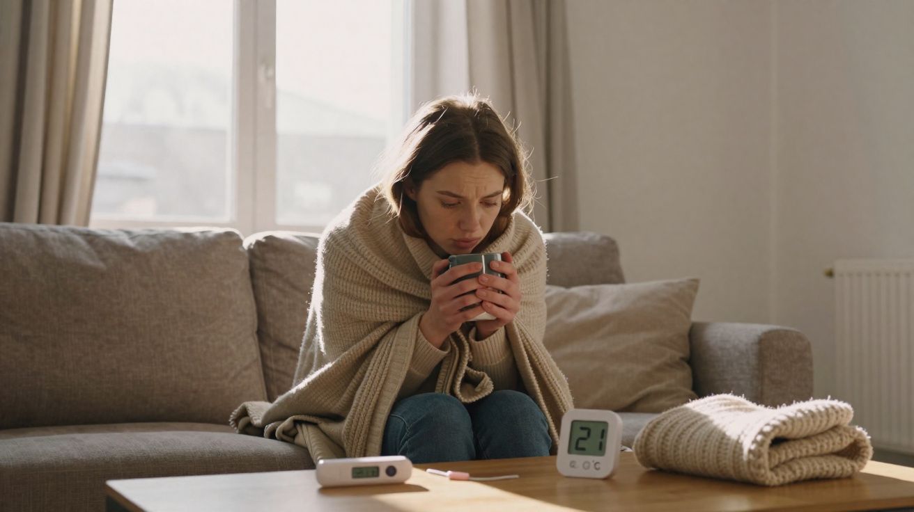Mulher com cobertor tomando bebida quente, sentada no sofá, com termômetro e relógio na mesa.