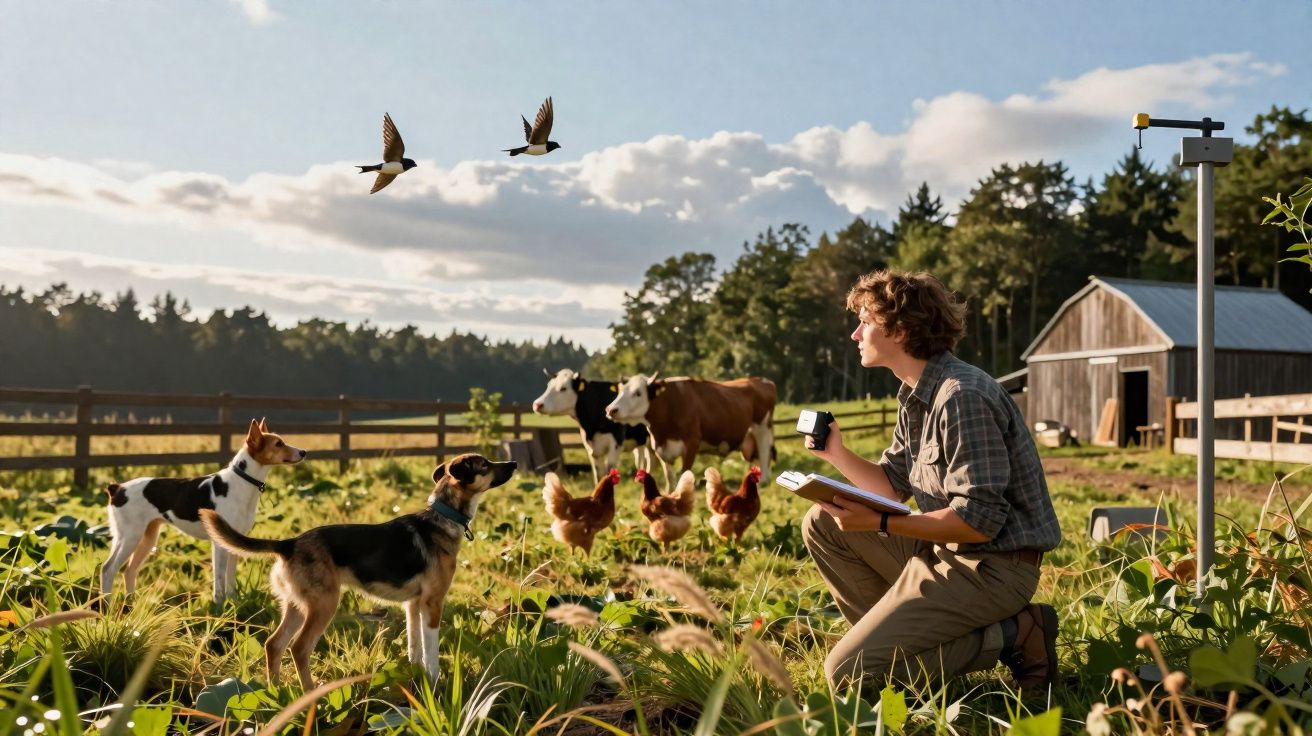 Pessoa agachada com caderno e câmera observa cães, galinhas e vacas em fazenda ao ar livre.