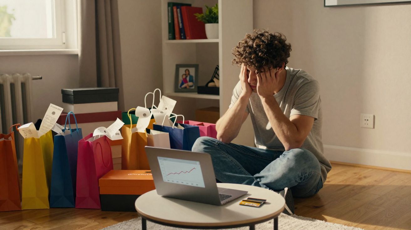Homem sentado no chão com as mãos no rosto, cercado por sacolas de compras e um laptop com gráfico na tela.