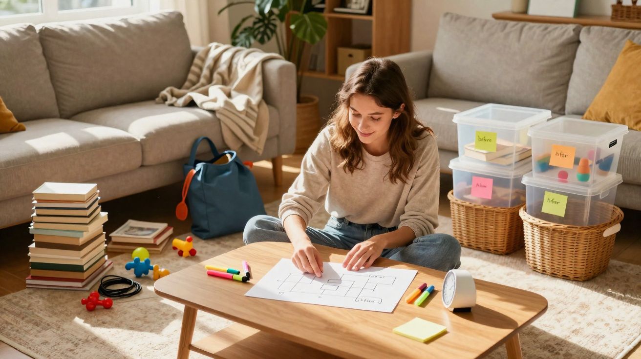 Mulher sentada no chão desenhando em mesa, cercada por caixas organizadoras, livros e brinquedos.