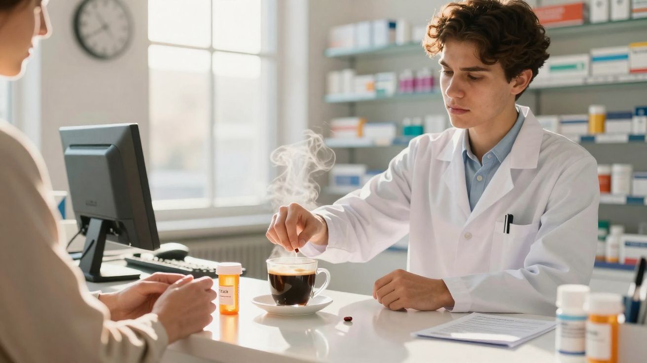 Farmacêutico acrescenta medicamento em xícara de café para cliente na farmácia.