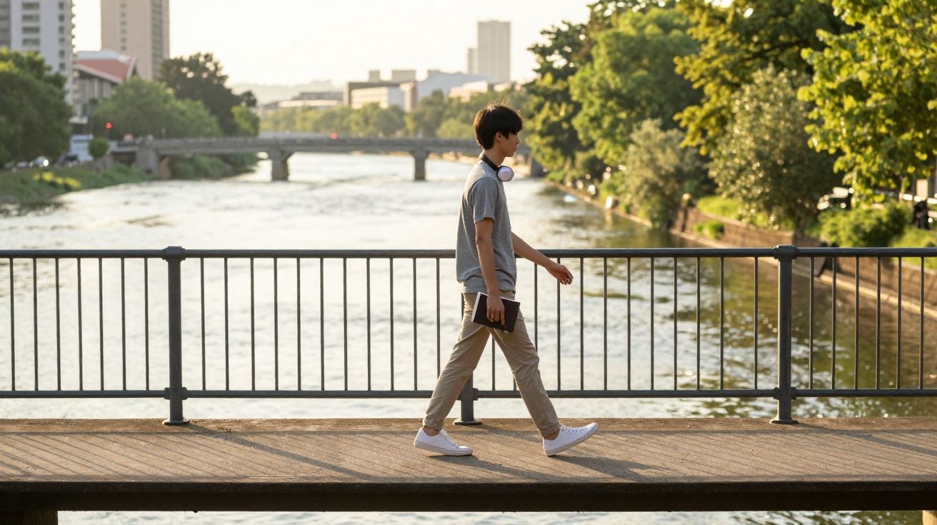 Jovem caminhando em uma ponte de madeira sobre rio, segurando caderno e com fone no pescoço, em ambiente urbano.