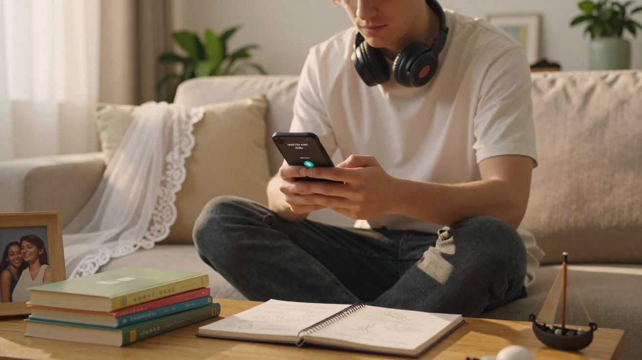 Jovem sentado no sofá com fones de ouvido no pescoço, usando celular, com livros e caderno na mesa.