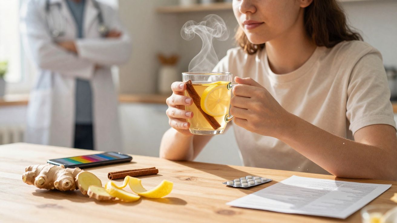 Mulher segurando xícara de chá quente com canela e limão, remédios e gengibre sobre mesa de madeira.