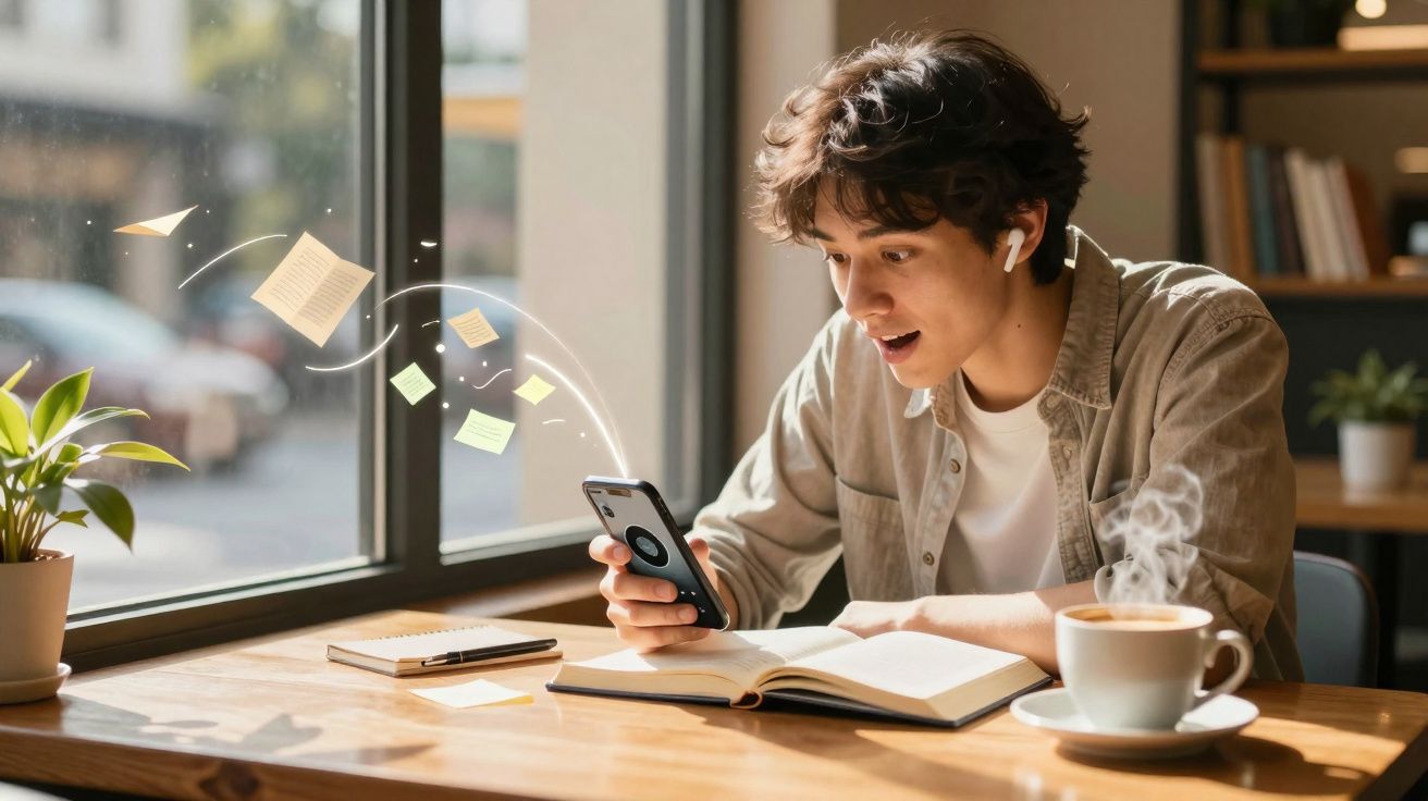 Jovem lendo livro e usando celular com fones de ouvido, sentado à mesa com café e planta perto da janela.