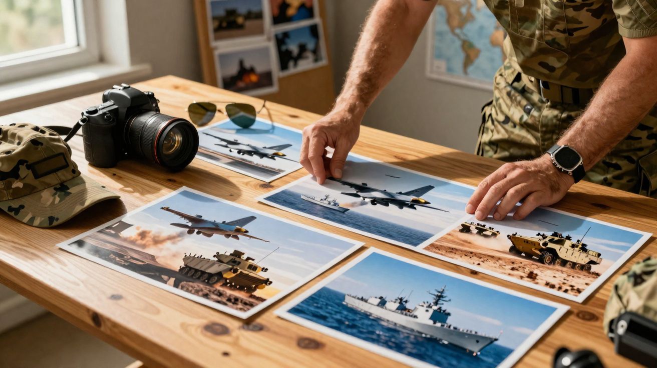 Pessoa fardada analisando fotos de veículos militares, incluindo aviões, tanque e navio em mesa de madeira.