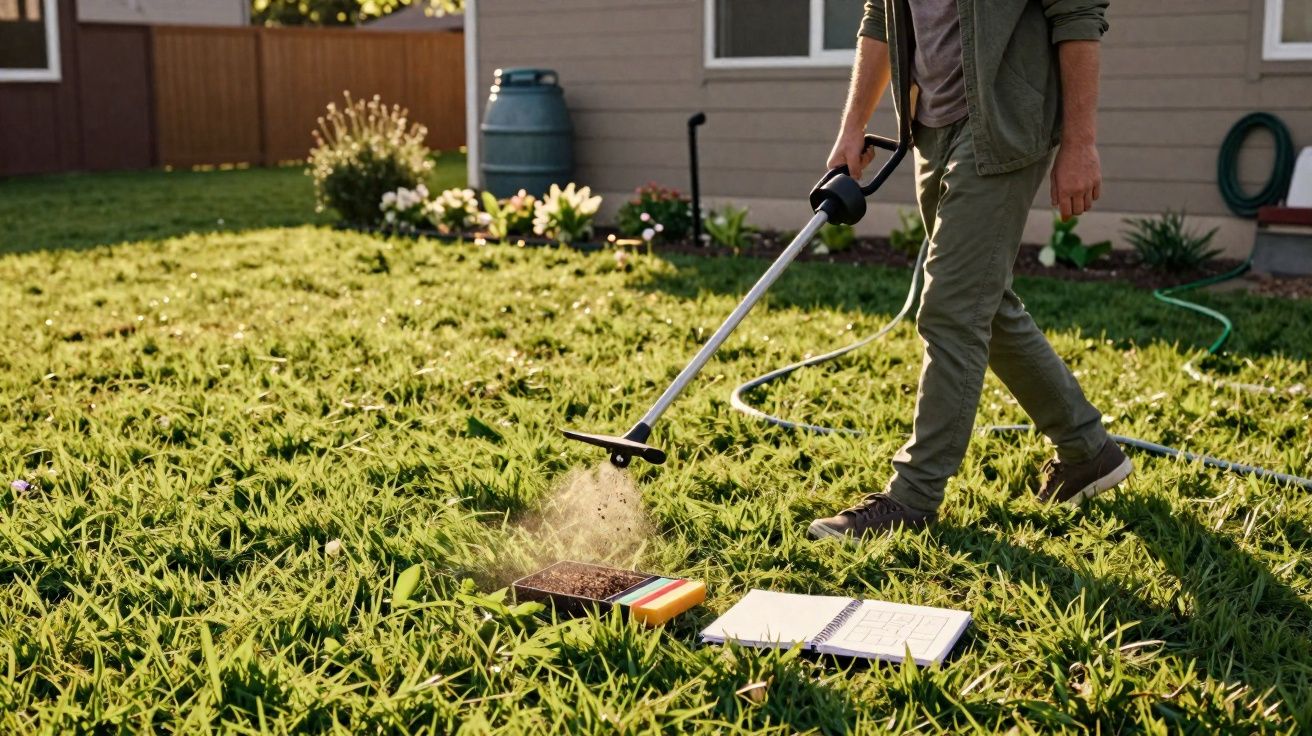 Pessoa usando soprador para limpar jardim com gramado perto de casa e materiais no chão.