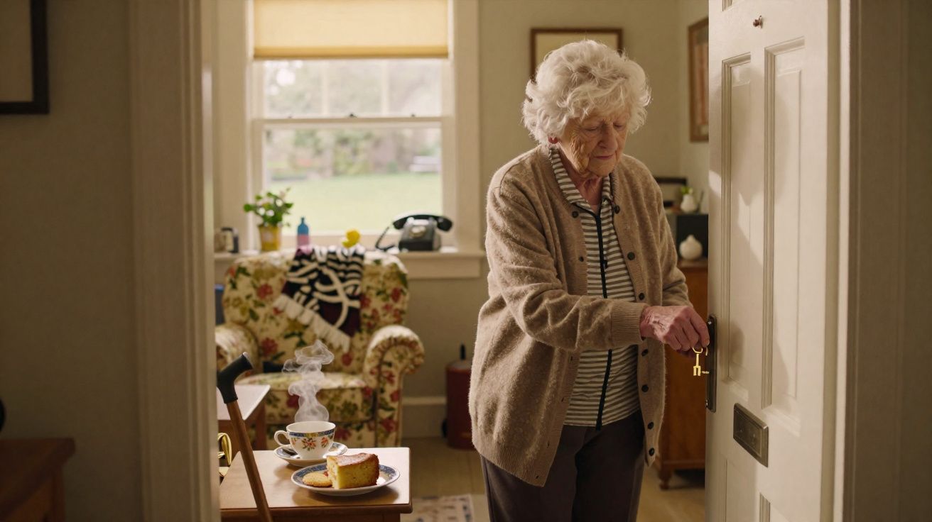 Idosa de cabelo branco fechando a porta de sua casa com chave, ao lado de uma mesa com chá e bolo.