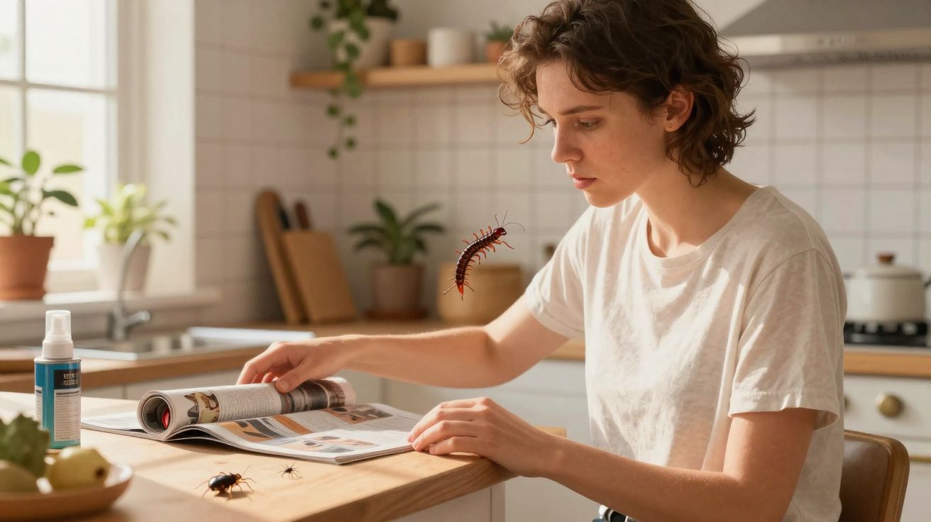 Mulher sentada lendo revista na cozinha enquanto vários insetos caminham pela mesa.