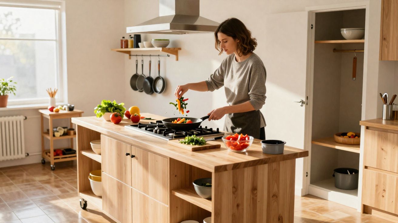 Mulher cozinhando legumes em frigideira na ilha de cozinha de madeira iluminada pela luz natural.