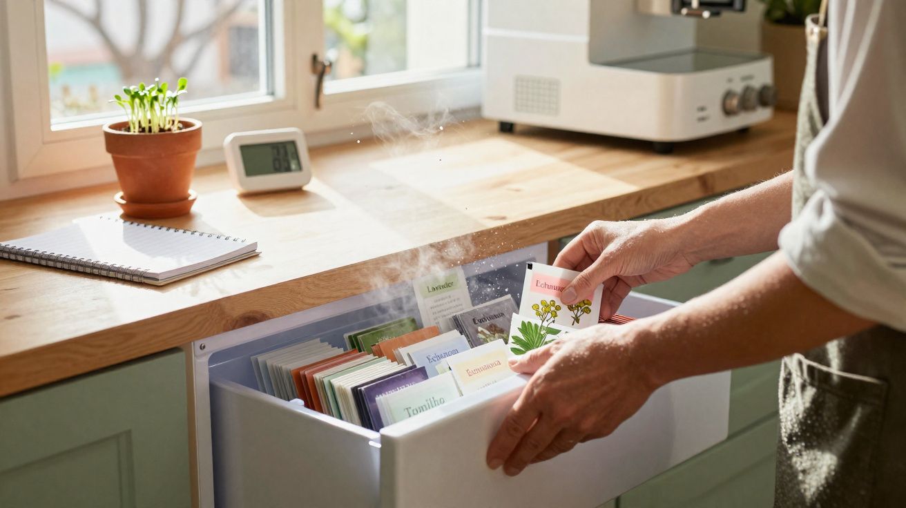 Pessoa organizando pacotes de sementes em gaveta de cozinha com planta, bloco de anotações e termômetro digital.