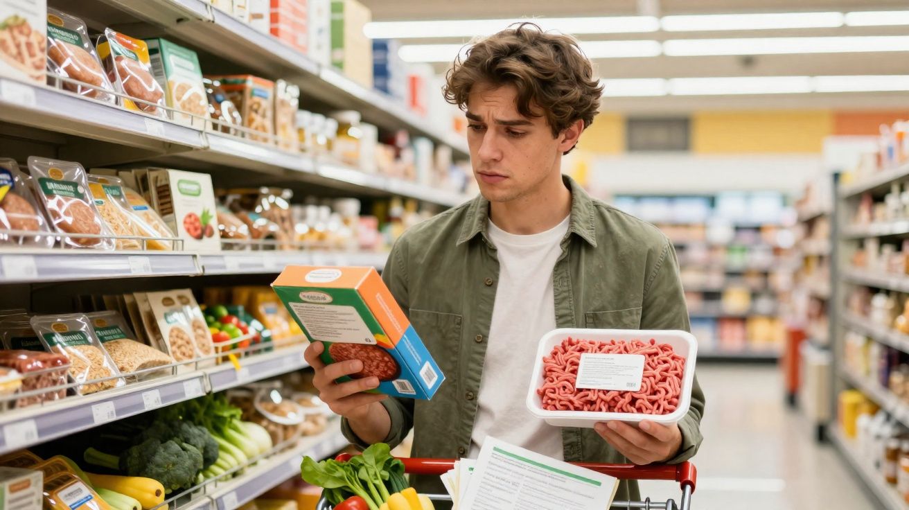 Homem em supermercado compara rótulos de produtos, segurando carne moída e embalagem de alimentos.