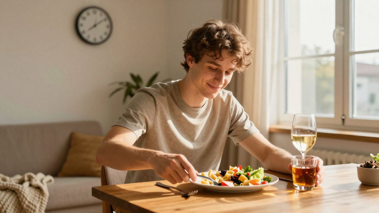 Jovem sentado à mesa com salada e bebidas, sorrindo enquanto prepara o garfo para comer.
