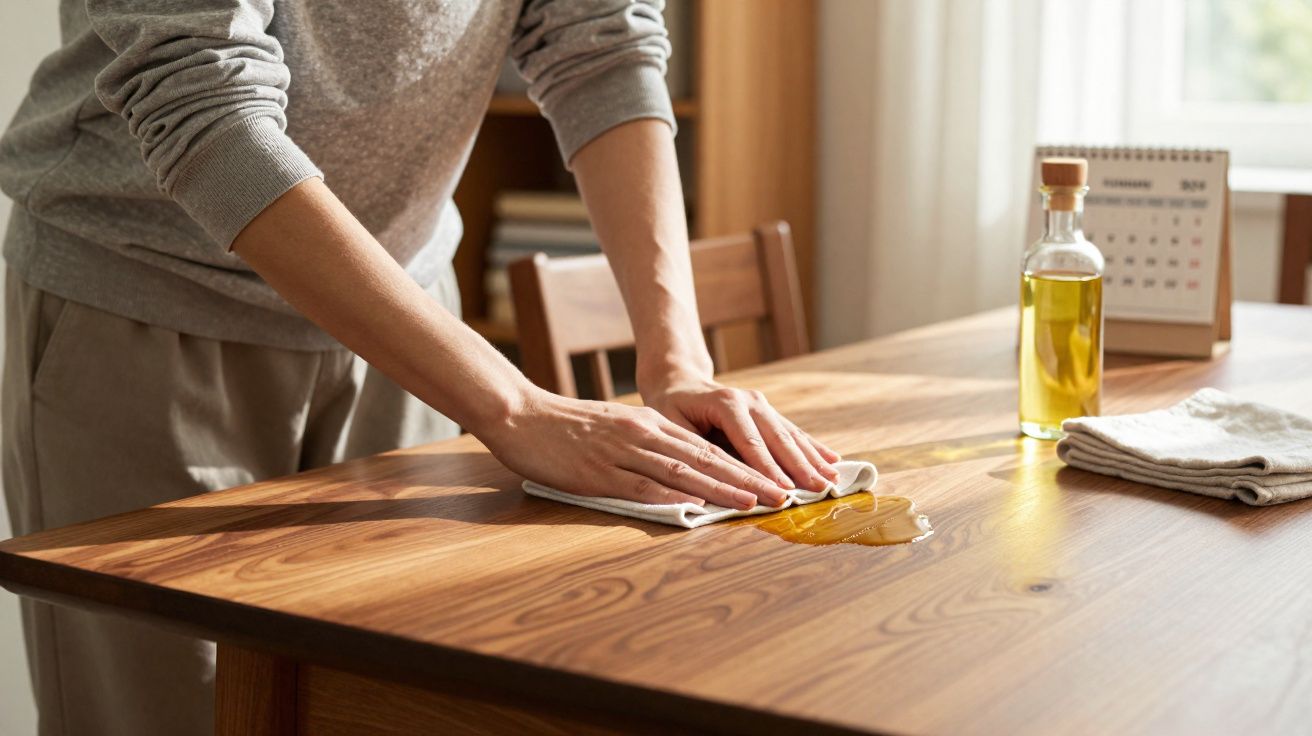 Pessoa limpando mesa de madeira com pano branco e óleo sobre a superfície iluminada pela luz natural.
