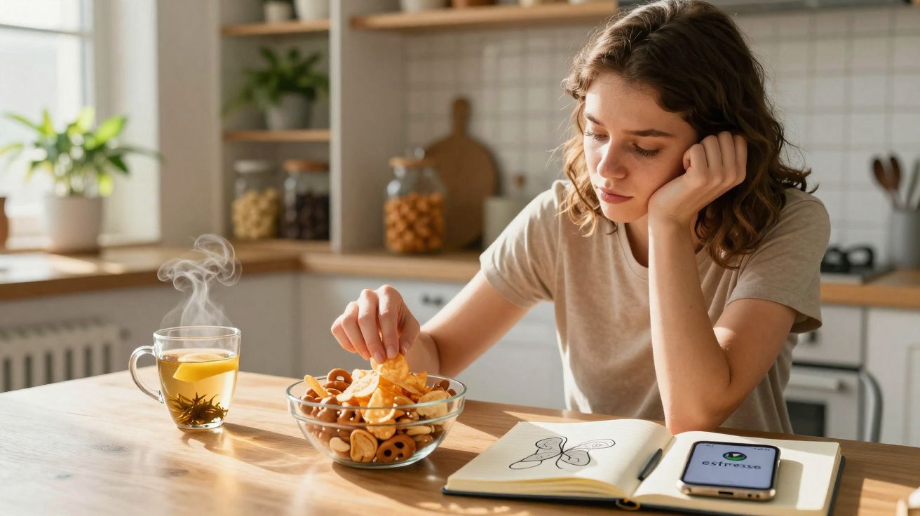 Jovem comendo salgadinhos e lendo livro, com chá quente sobre mesa em cozinha iluminada pela luz natural.