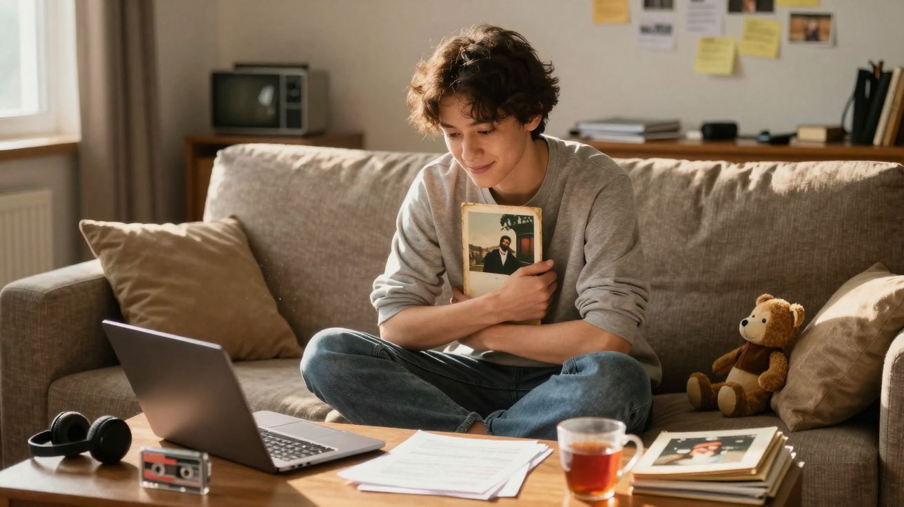 Jovem sentado no sofá segurando foto antiga, olhando para laptop em ambiente acolhedor de sala.
