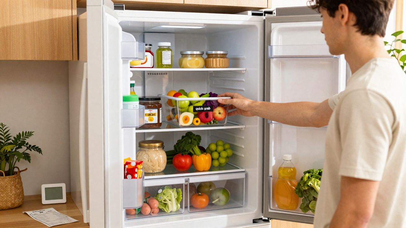 Pessoa pegando frutas em recipiente na geladeira aberta com vegetais e condimentos organizados.