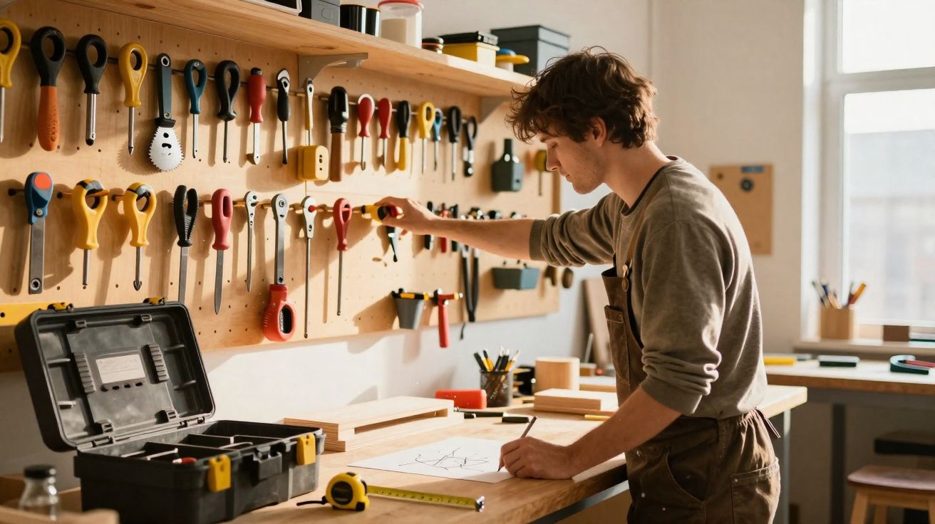 Homem em oficina escolhe ferramenta em parede cheia de utensílios para trabalho manual e desenha projeto.