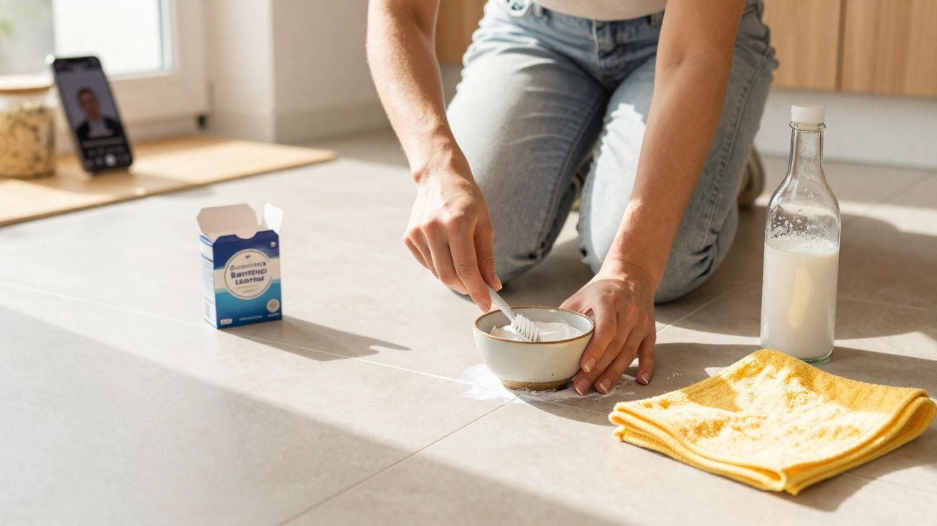 Pessoa aplicando bicarbonato de sódio e vinagre para limpar manchas no piso da cozinha.