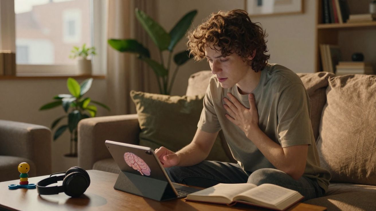 Jovem sentado no sofá usando tablet, com livro aberto e fones na mesa em uma sala iluminada.