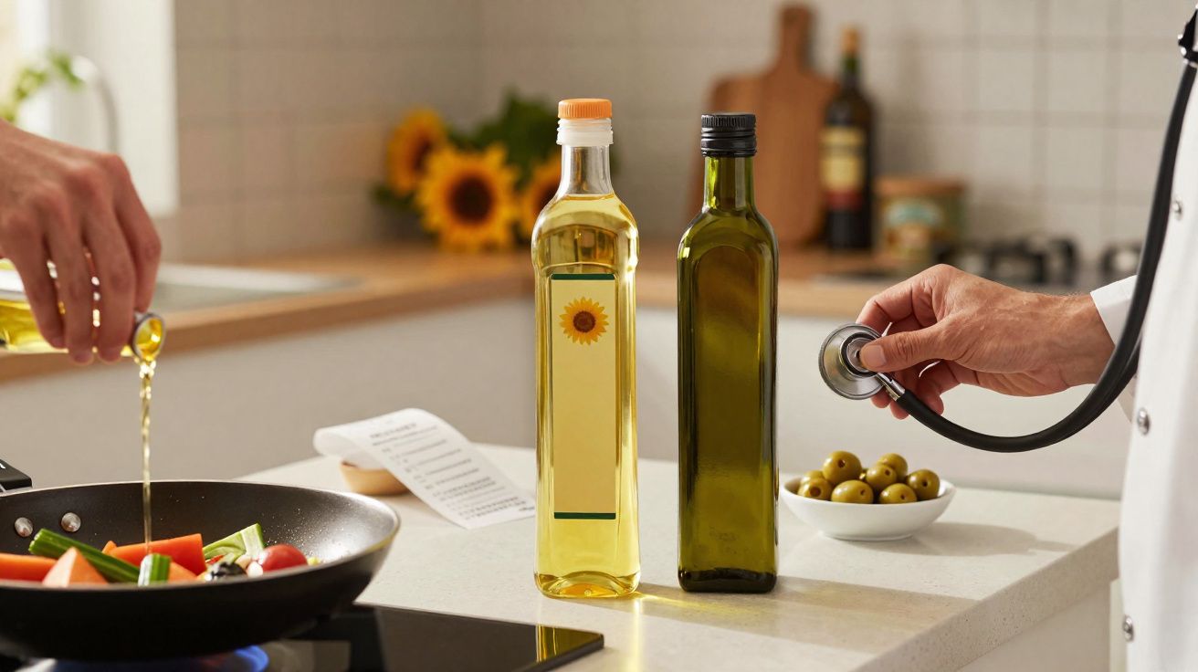 Mãos colocando azeite na frigideira com legumes e usando estetoscópio em garrafas de óleo na cozinha.