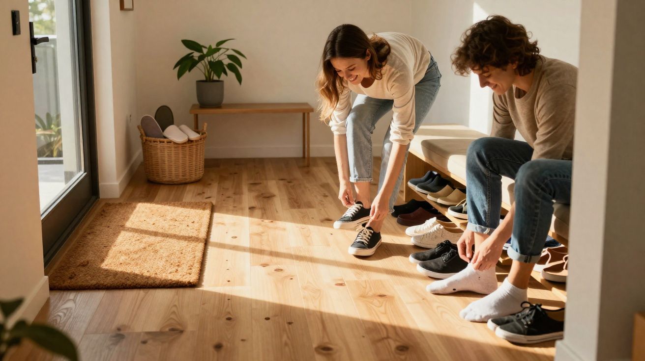 Casal jovem calçando tênis em um corredor iluminado por luz natural, com piso e móveis de madeira clara.