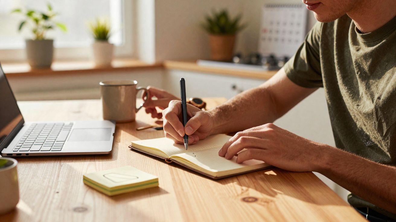 Pessoa escrevendo em caderno com caneta, ao lado de laptop e xícara, em mesa de madeira clara.