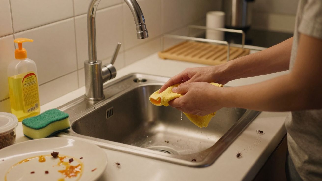 Pessoa secando as mãos com pano amarelo ao lado de pia suja com insetos e louça na bancada.