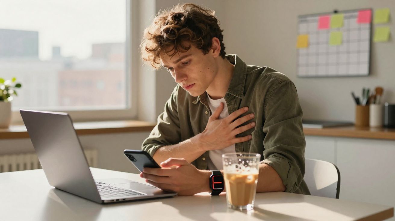 Jovem sentado à mesa com laptop, olhando preocupado para o celular e segurando o peito.
