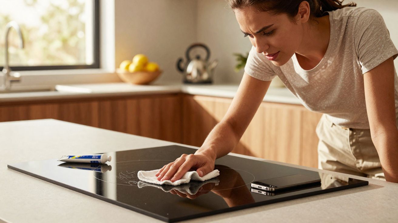 Mulher limpando fogão de vidro na cozinha com pano e produto de limpeza.