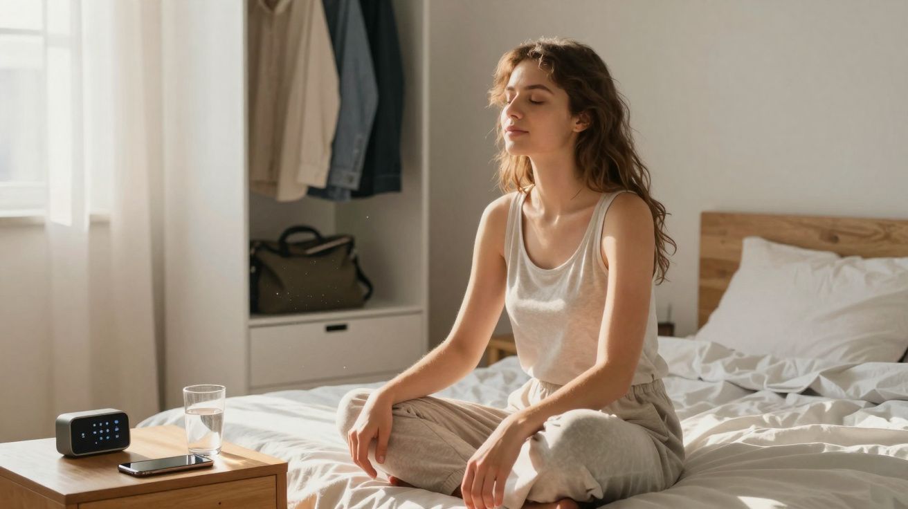 Mulher sentada de pernas cruzadas na cama, com olhos fechados, em ambiente iluminado por luz natural.