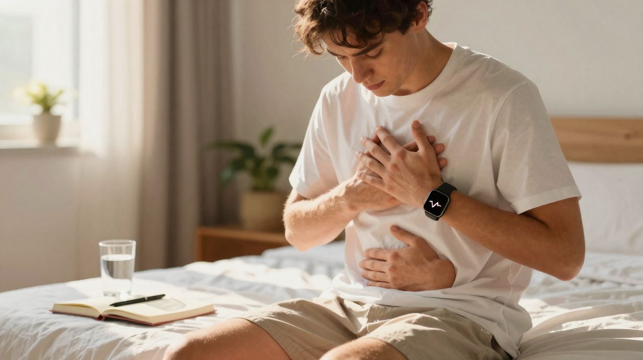 Jovem sentado na cama com expressão de dor, segurando o peito e o estômago.