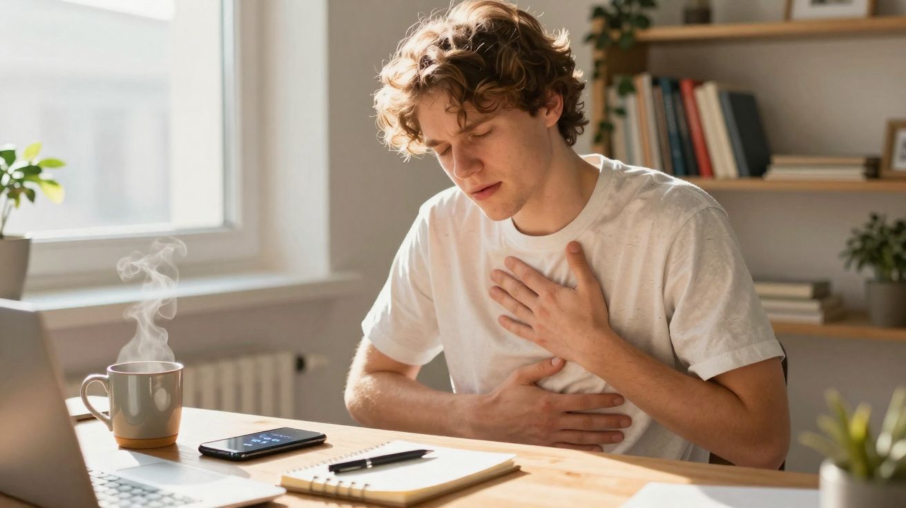 Jovem sentado à mesa com expressão de dor, segurando peito e barriga com mãos.