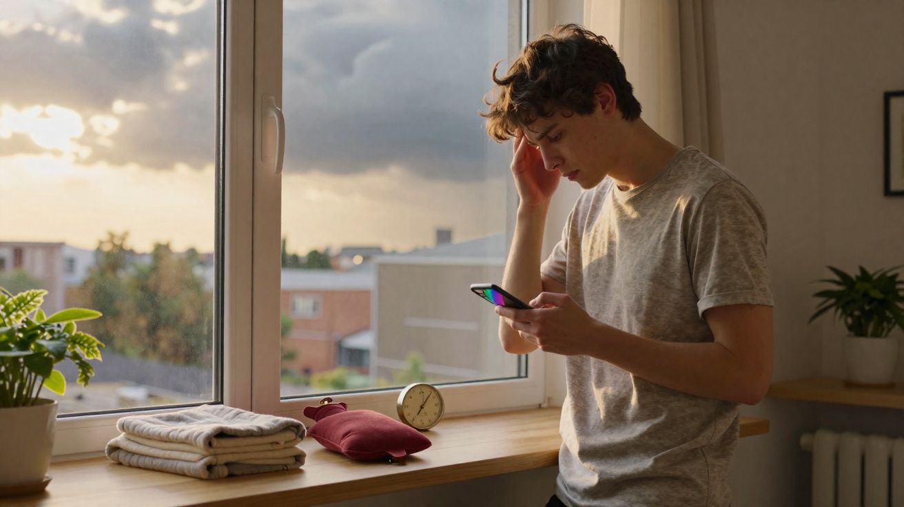 Jovem pensativo olhando para celular em uma janela com plantas, relógio e paisagem ao fundo.