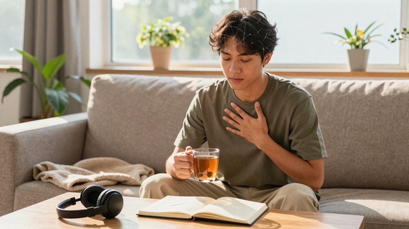 Jovem sentado no sofá com uma xícara de chá na mão e outra mão no peito, lendo um livro na mesa à frente.