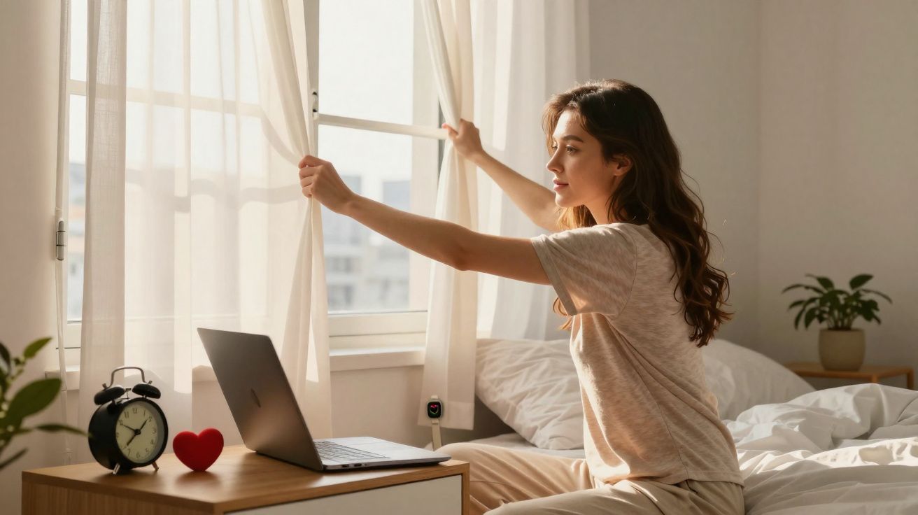 Mulher sentada na cama abre cortina enquanto laptop e despertador estão sobre mesa ao lado.