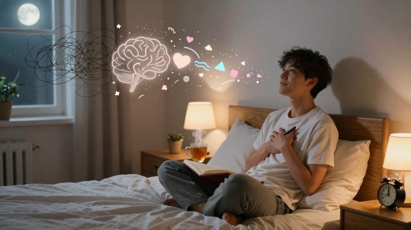 Pessoa sentada na cama à noite com pensamentos criativos símbolos de cérebro e amor ilustrados acima.