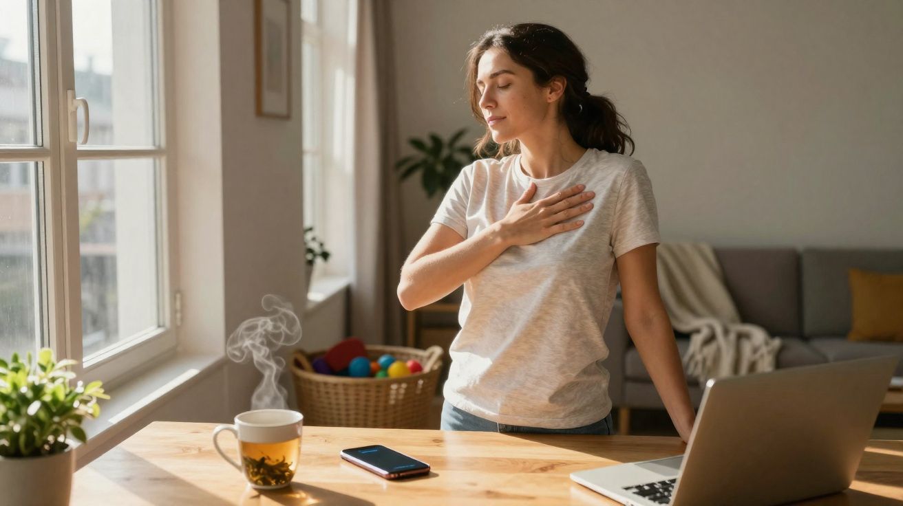 Mulher de olhos fechados com a mão no peito, em pé junto a mesa com chá, celular e laptop em ambiente iluminado.